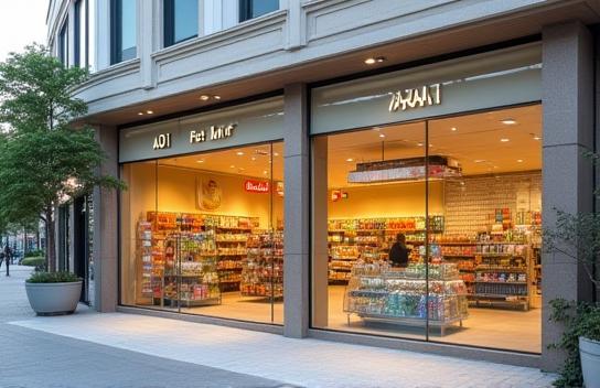 Aoi Pet Mart外観、ガラス越しに並ぶペット商品