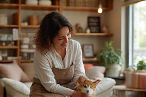 店内の里親コーナー、猫と女性